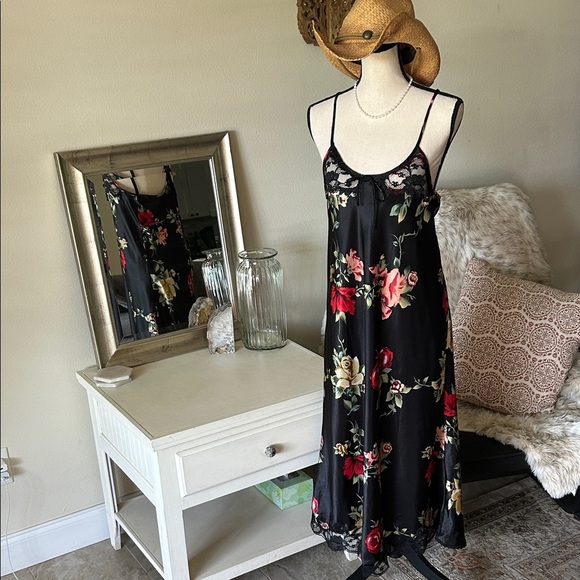 Vintage Other - Cinema etoile VTG 🌺 black satin boho romantic floral lace maxi slip dress L​